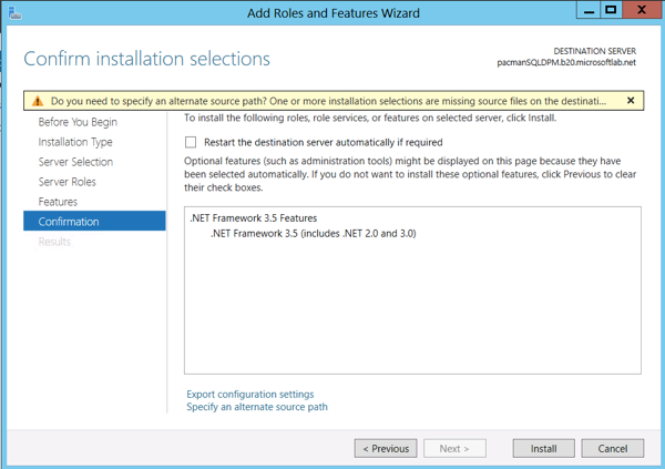 Do you need to specify an alternate source path? One or more installation selections are missing source files on the destination server. The server will try to get missing source files from Windows Update, or from a location that is specified by Group Policy. You can also click the “Specify an alternate source path” link on this page to provide a valid location for the source files.